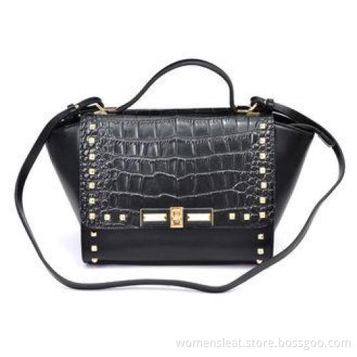 Ladies Black Calf / Crocodile Leather Handbags with Pyramid